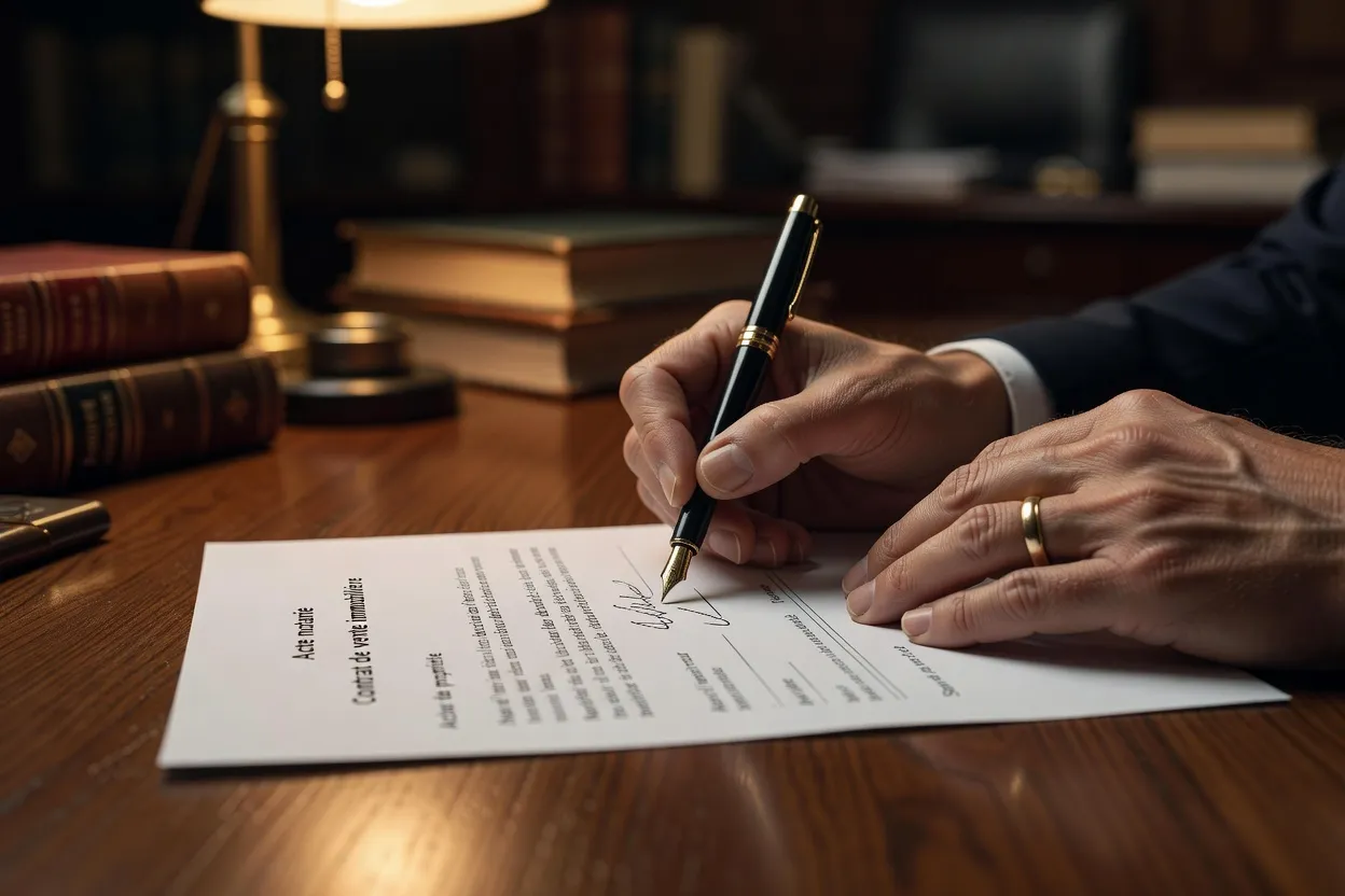 Signature d'un acte notarié d'achat immobilier avec alliance visible sur la main
