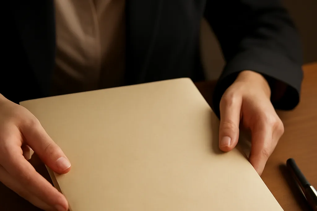 Mains tenant un dossier de démarches familiales sur un bureau en bois