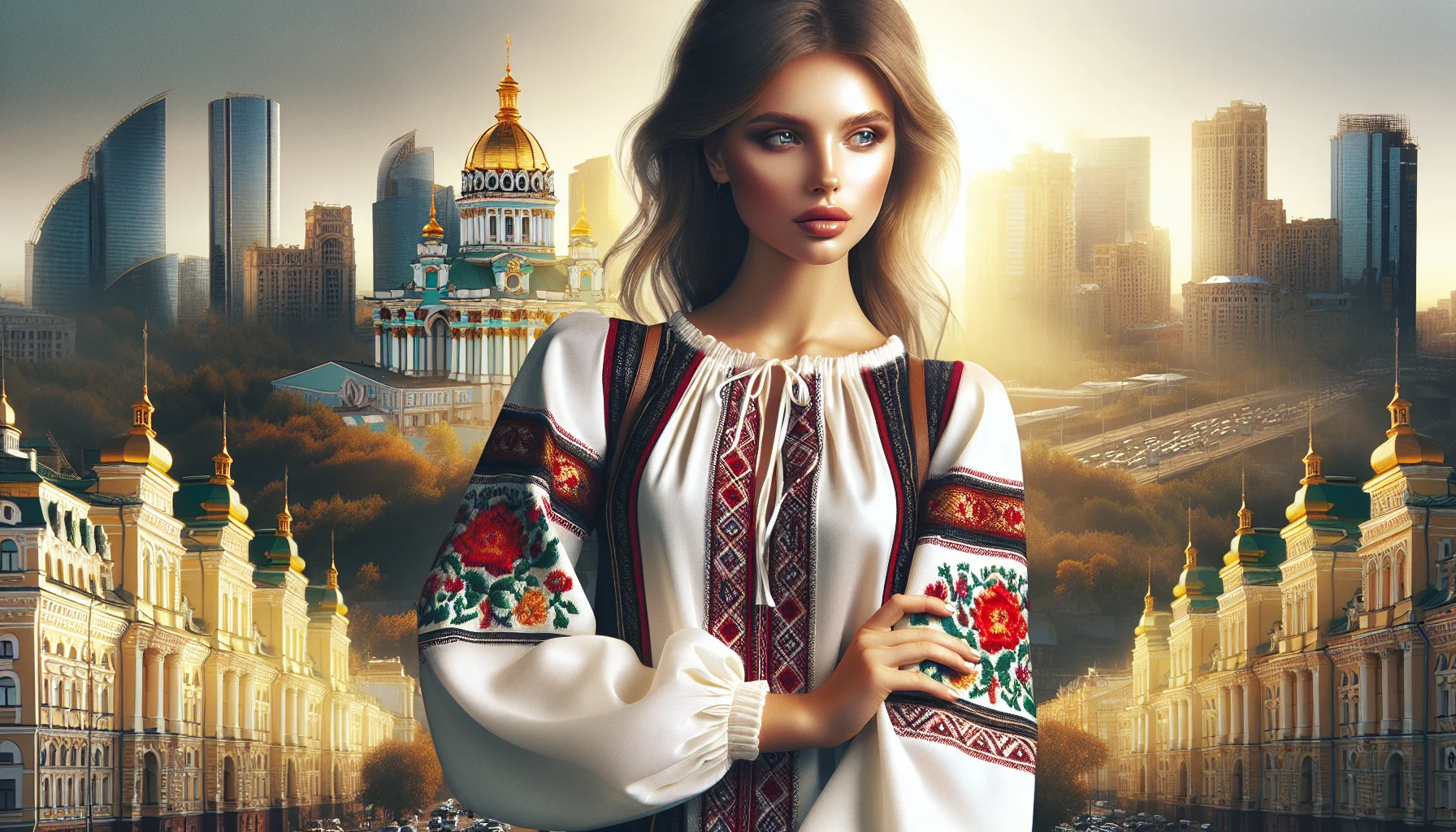 Femme ukrainienne en vyshyvanka combinée avec la mode moderne