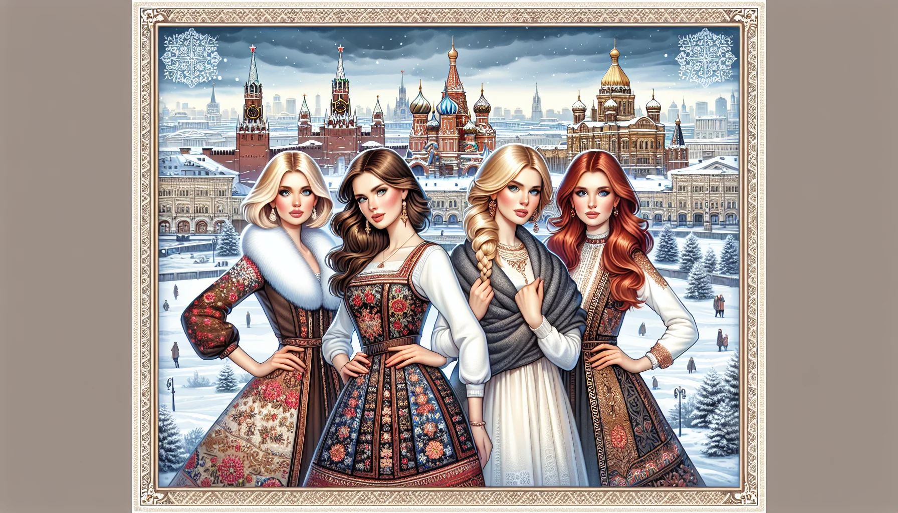 Trois femmes slaves élégantes en tenue moderne et traditionnelle