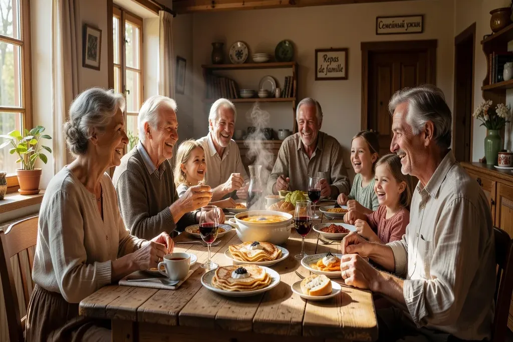 Famille russo-française réunie autour d’un repas traditionnel