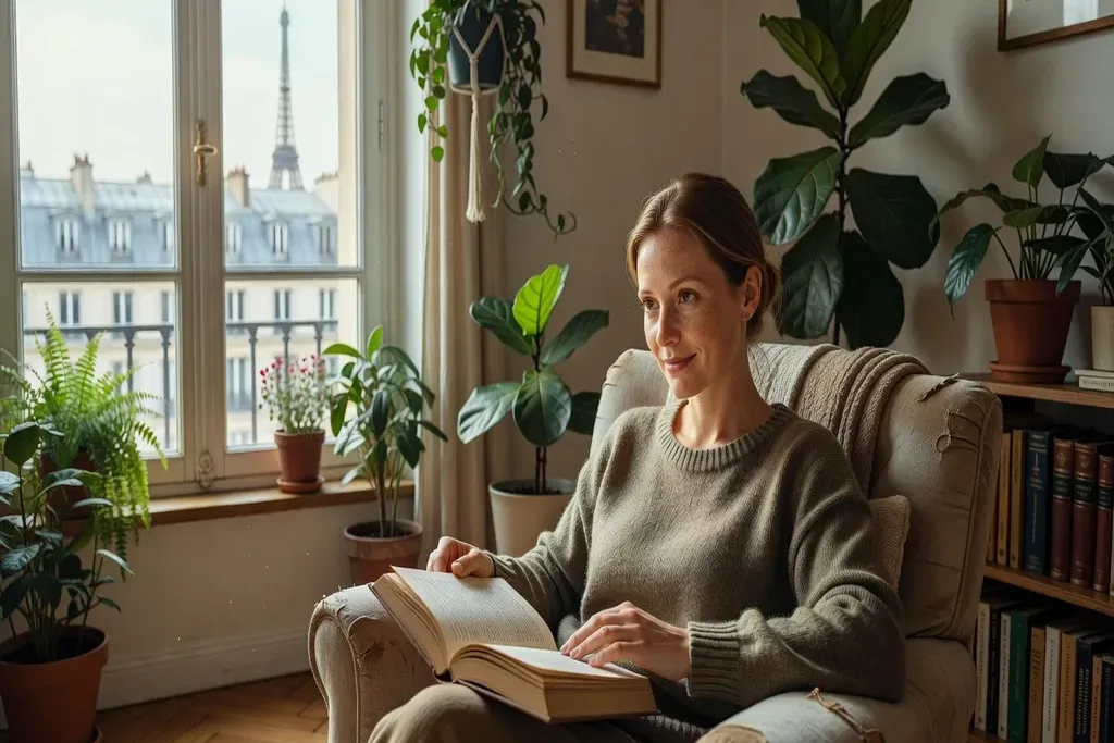 Femme russe lisant dans son appartement parisien