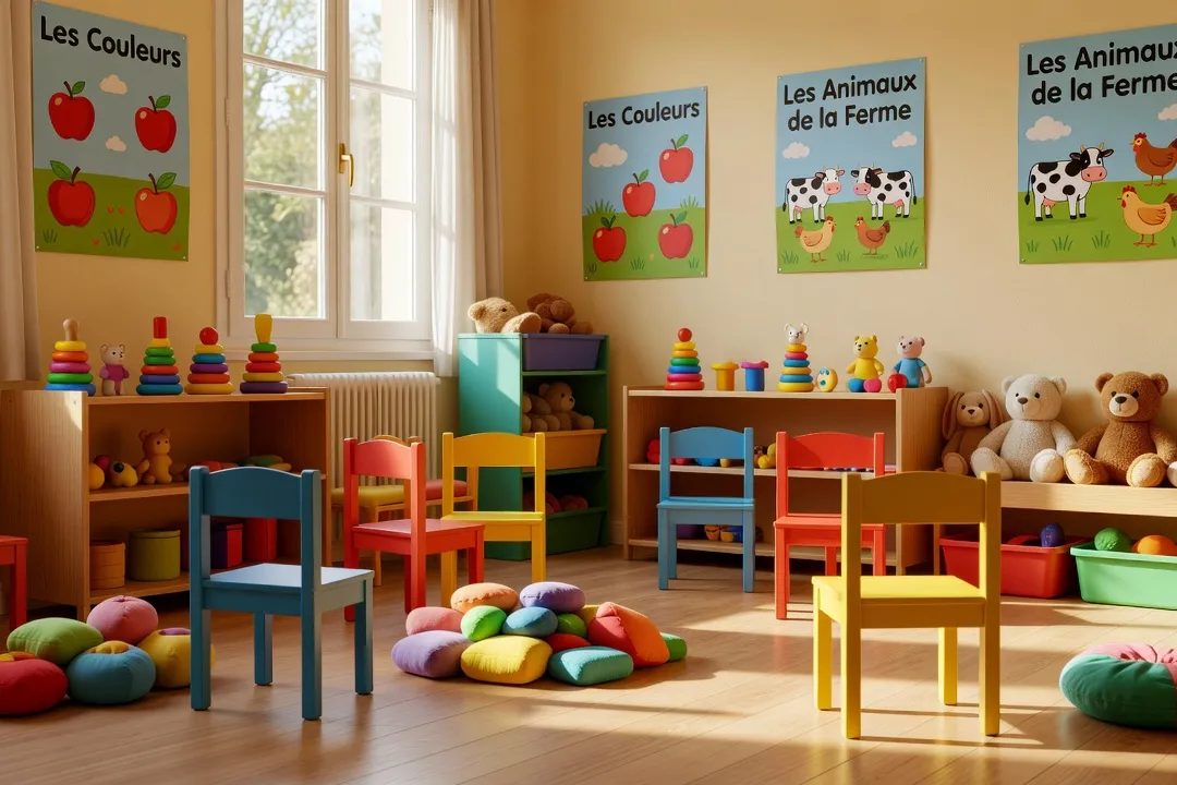 French nursery classroom with colorful toys and small chairs