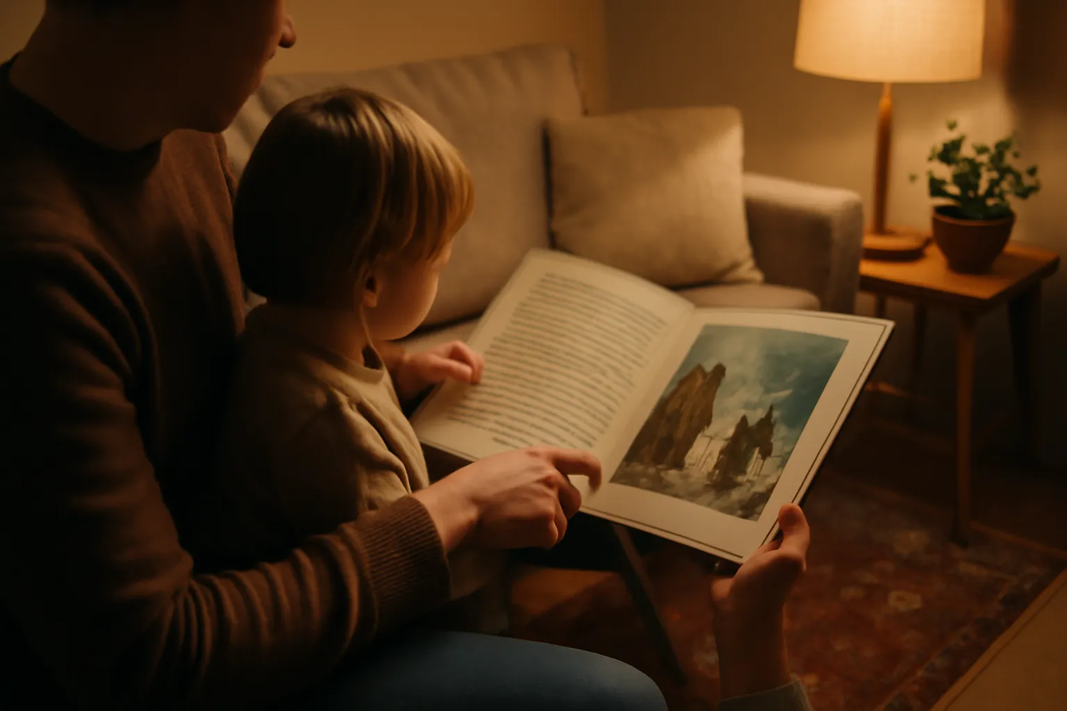 Parent reading a picture book with Cyrillic text to a child at home