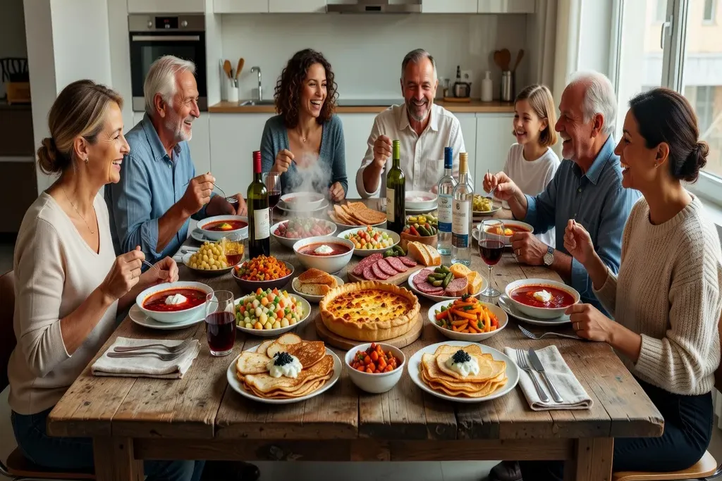Table franco-russe avec plats des deux cultures