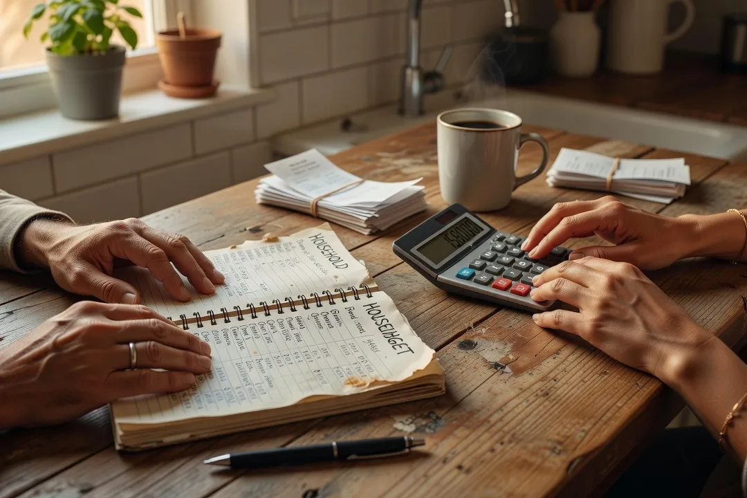 Couple’s hands reviewing a household budget notebook and calculator at a kitchen table