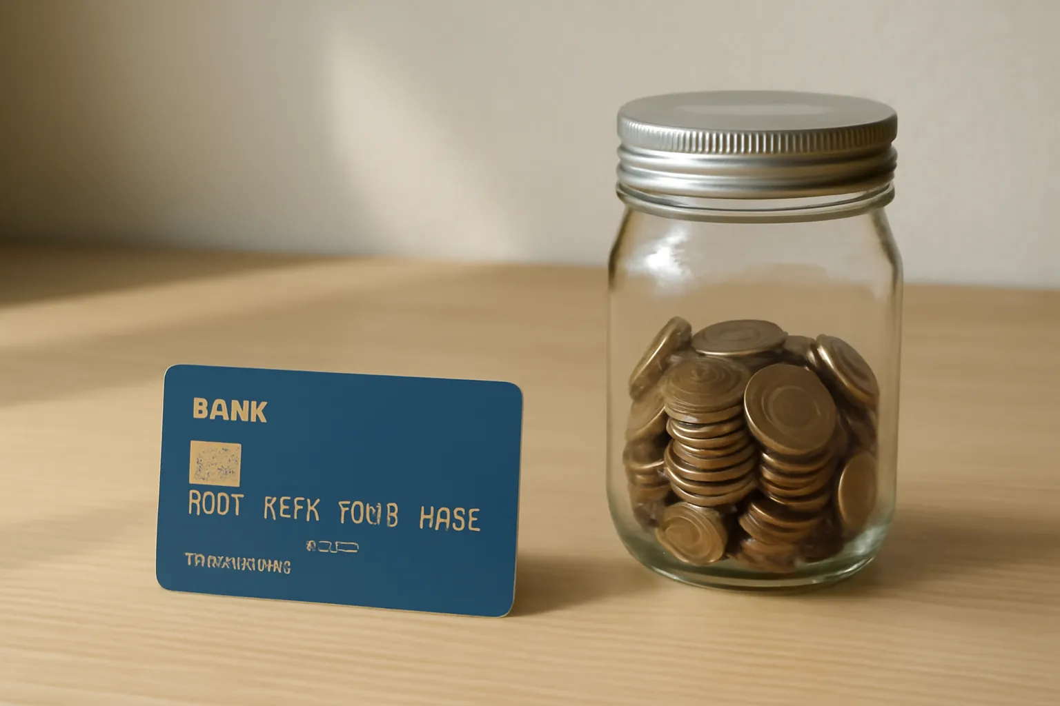 Bank card and a small savings jar with coins on a desk