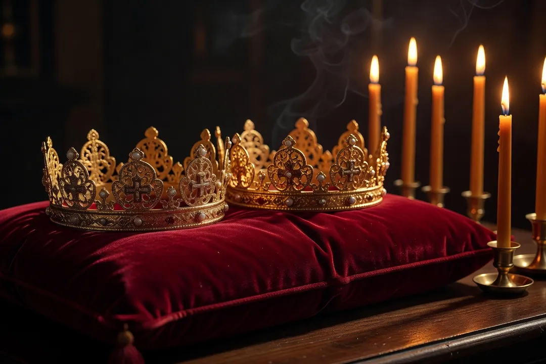 Two ornate Orthodox wedding crowns displayed near candles