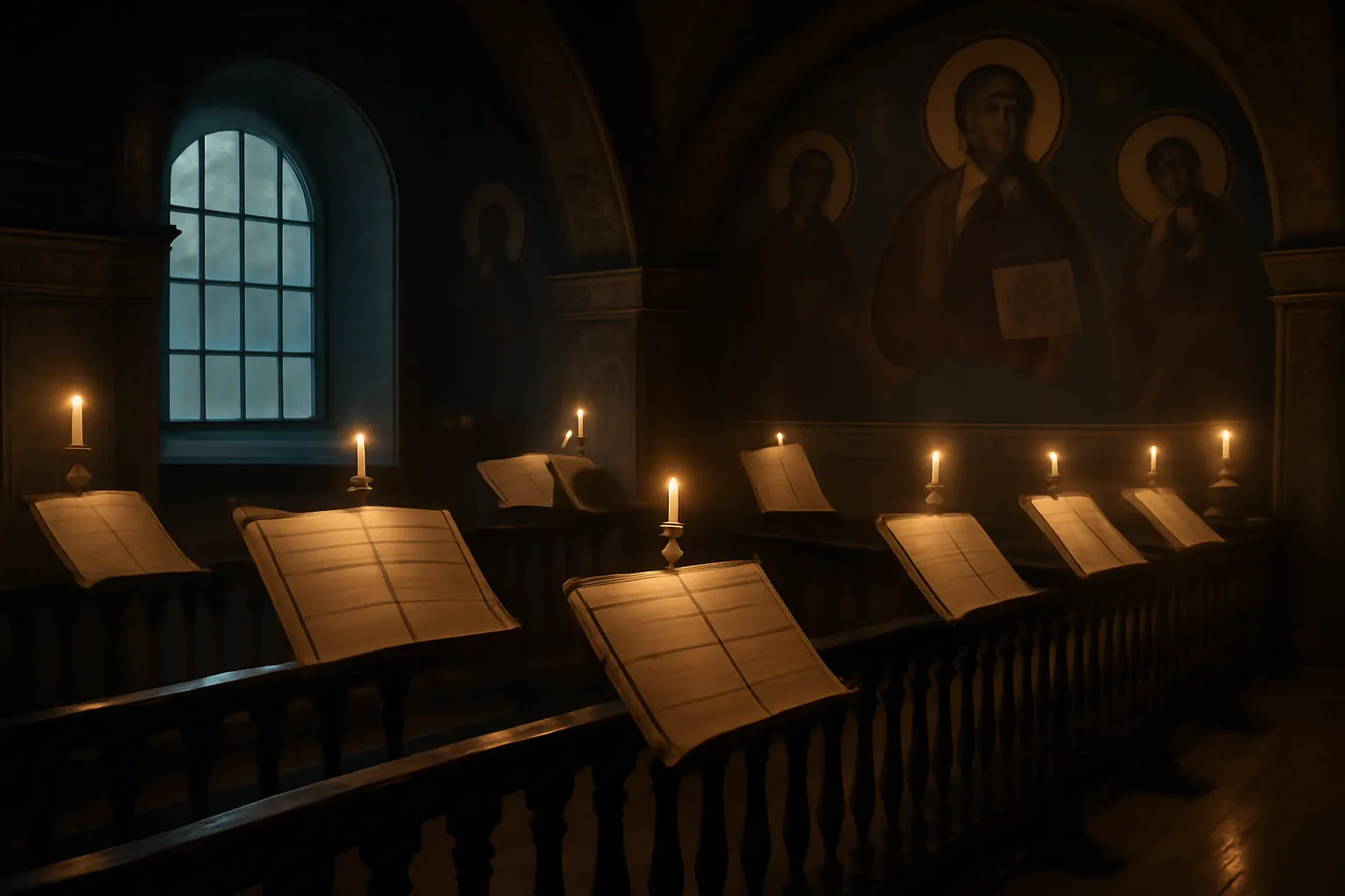 Orthodox church choir loft with sheet music stands and warm candlelight