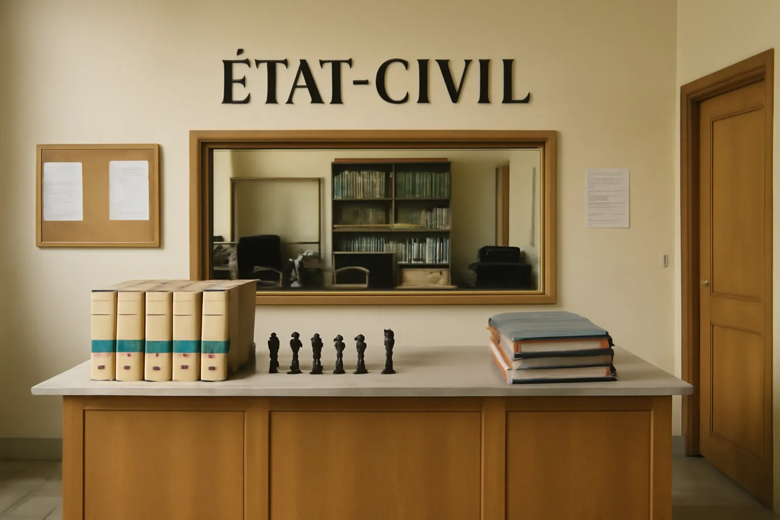 French town hall registry office interior with official stamps and folders