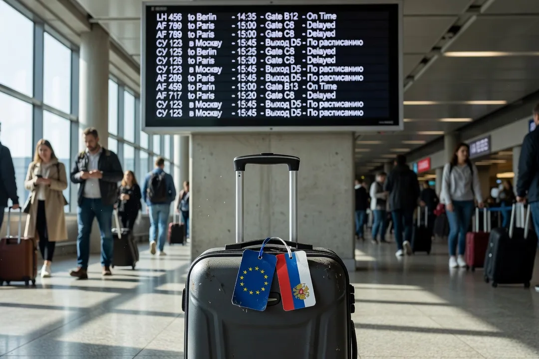 Suitcase and airport departure board for a long-distance Franco-Russian couple