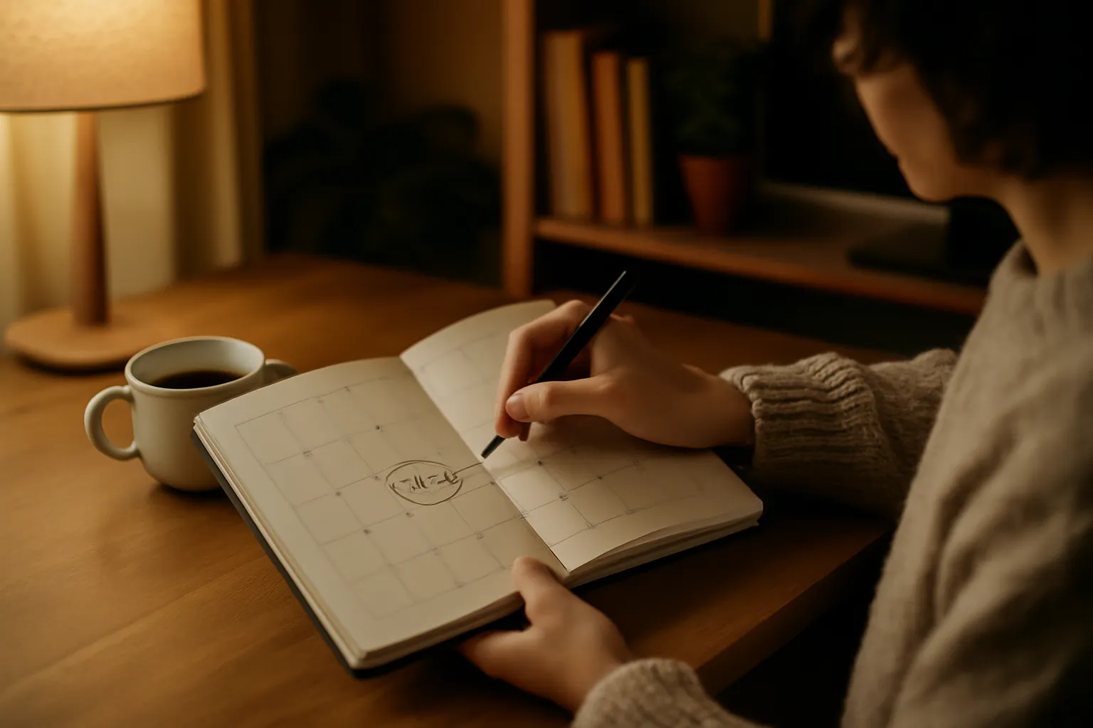 Person writing travel dates in a paper agenda with a coffee cup nearby