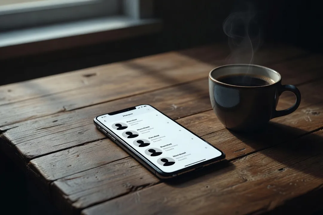 Smartphone showing a generic dating app silhouette interface on a wooden table