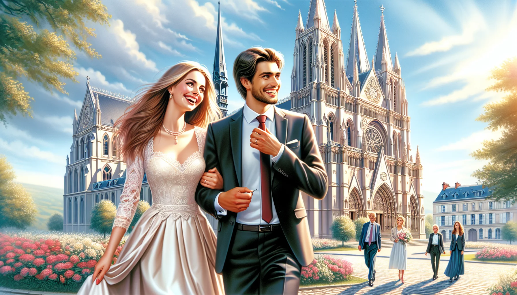 Couple franco-russe devant une cathédrale après leur mariage civil