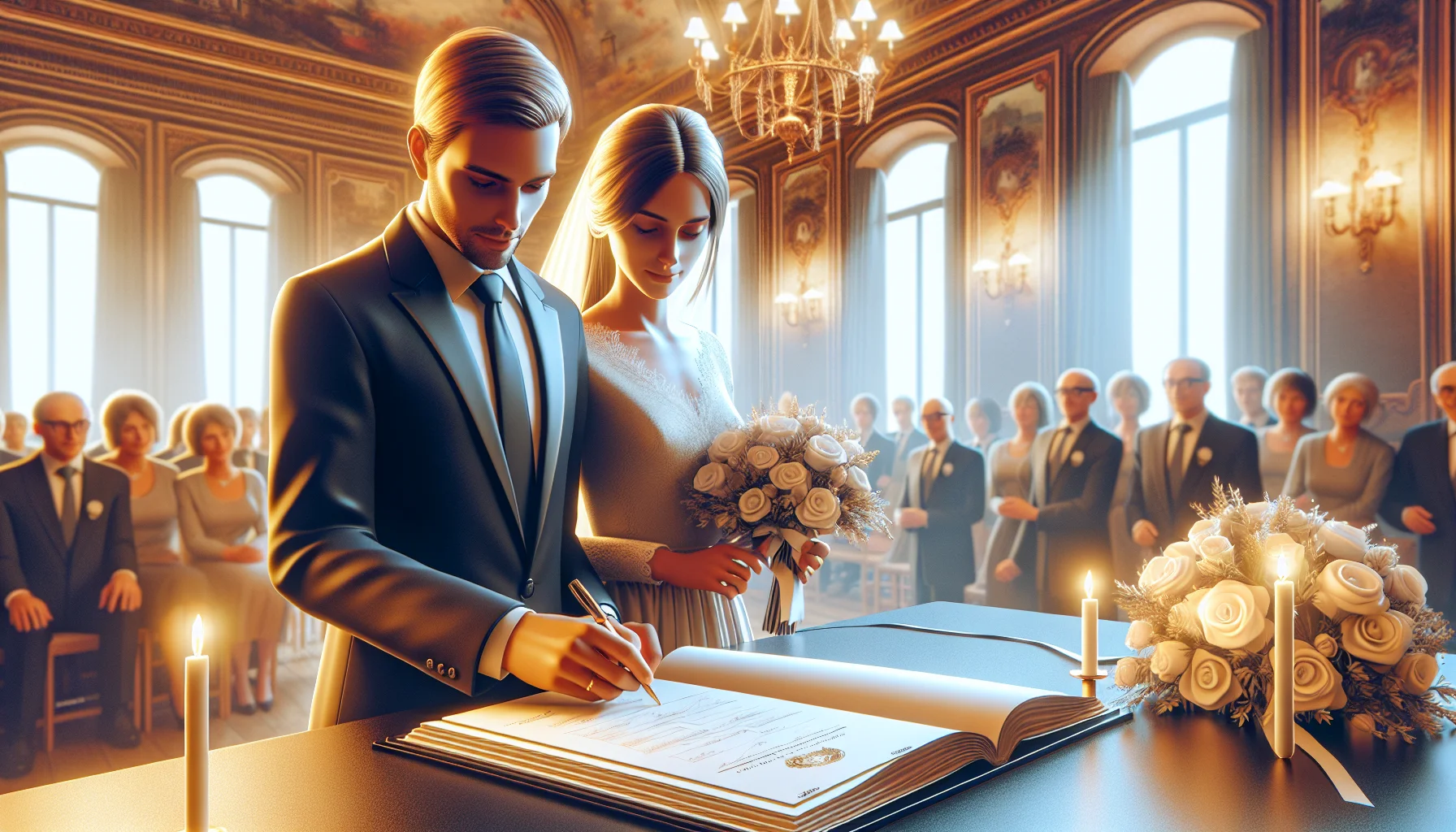 Couple franco-russe signant le registre de mariage en mairie