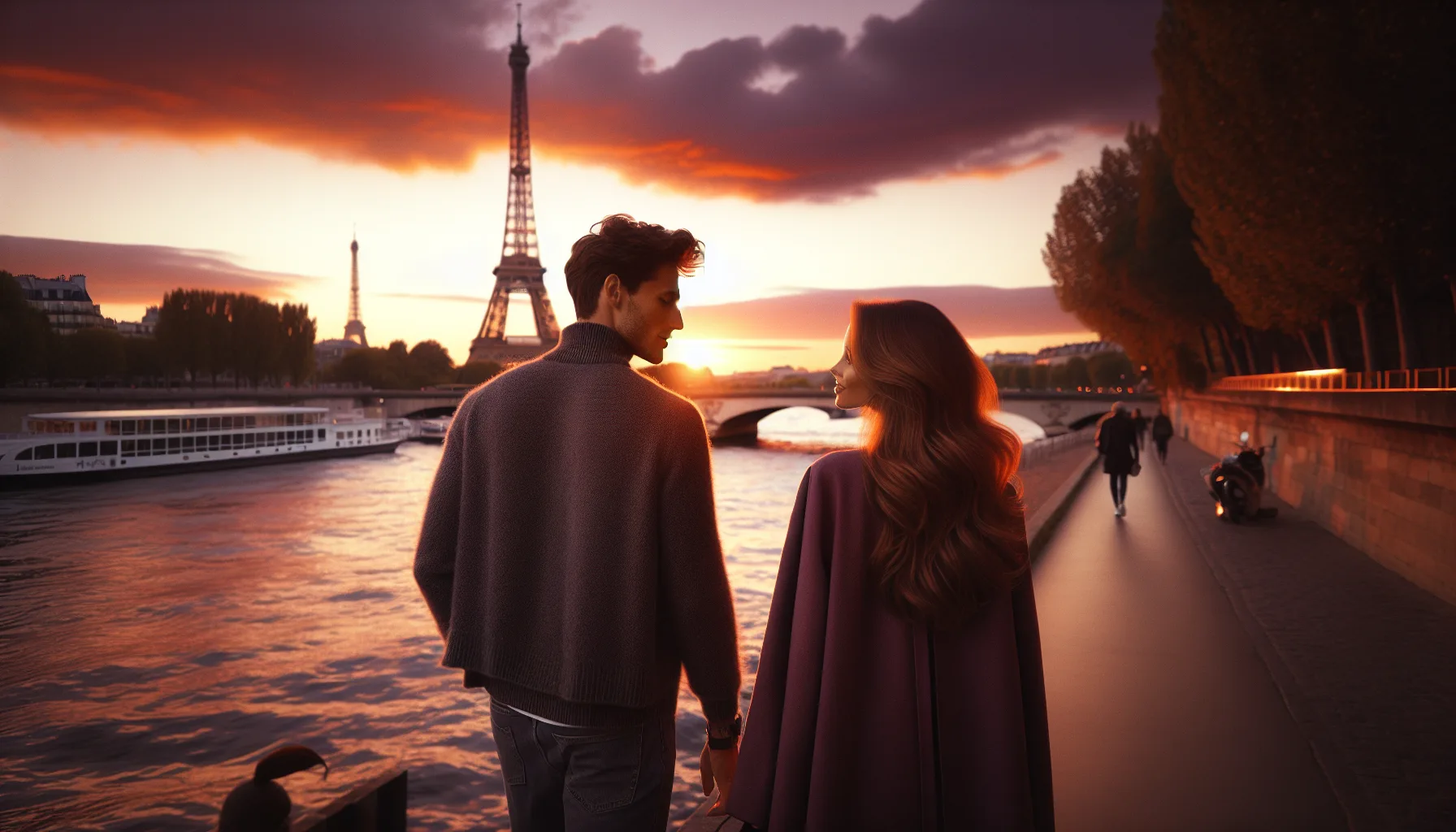 Couple ukraino-français se promenant à Paris au coucher du soleil