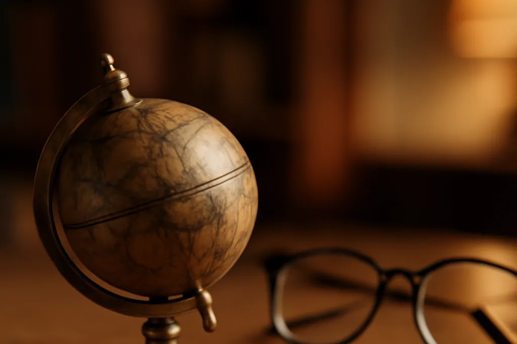 Globe terrestre vintage et lunettes de lecture sur un bureau, symbole de la retraite à l'étranger