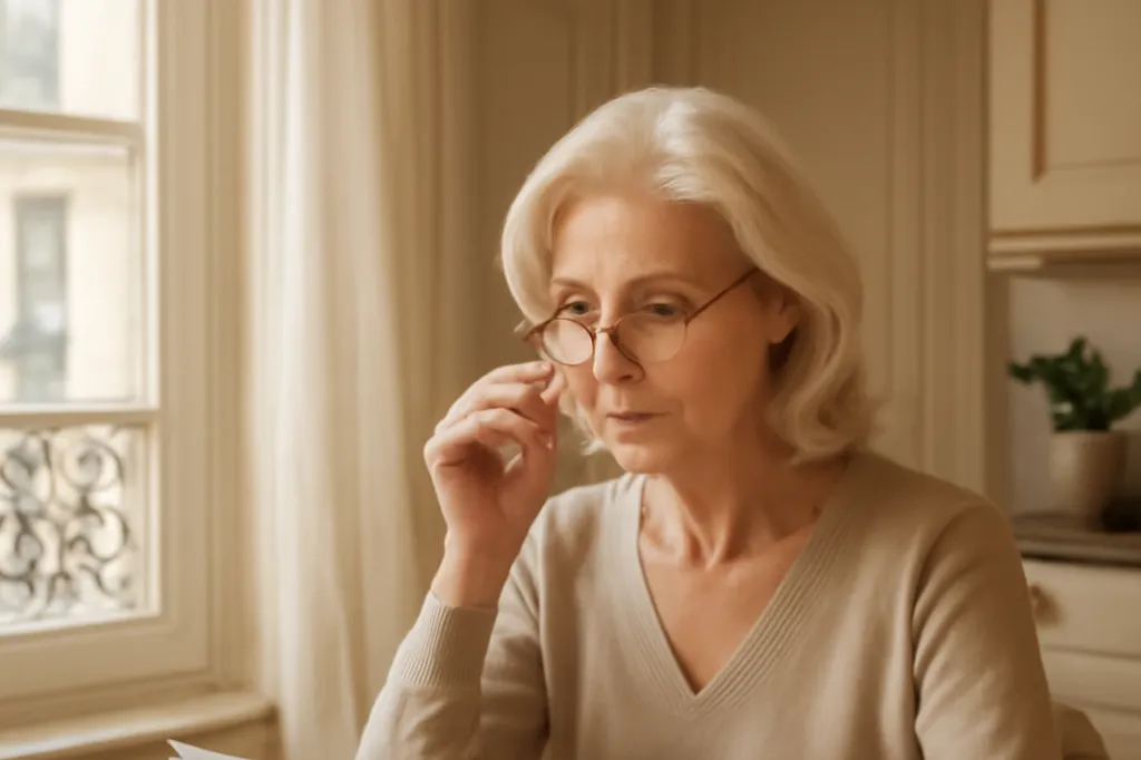 Femme senior d'origine russe examinant des documents de retraite avec des lunettes de lecture