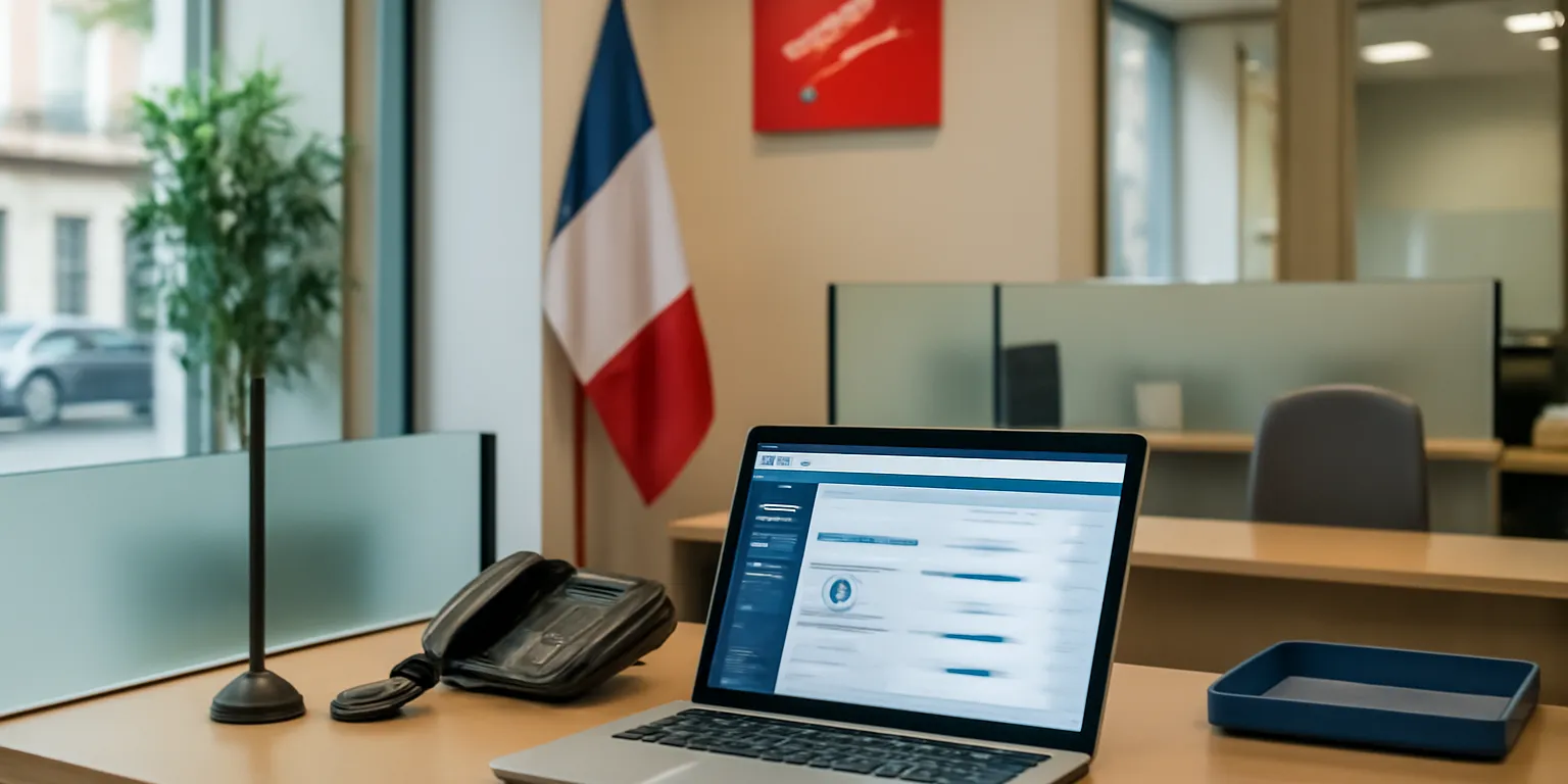 Comptoir de banque française avec ordinateur portable affichant un tableau de bord bancaire