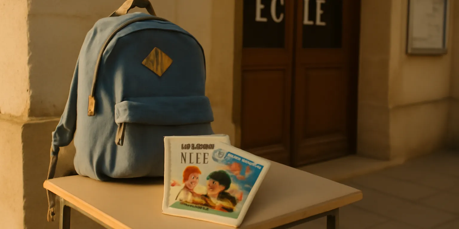 Sac d'école et livres en français et en cyrillique près d'une entrée d'école française