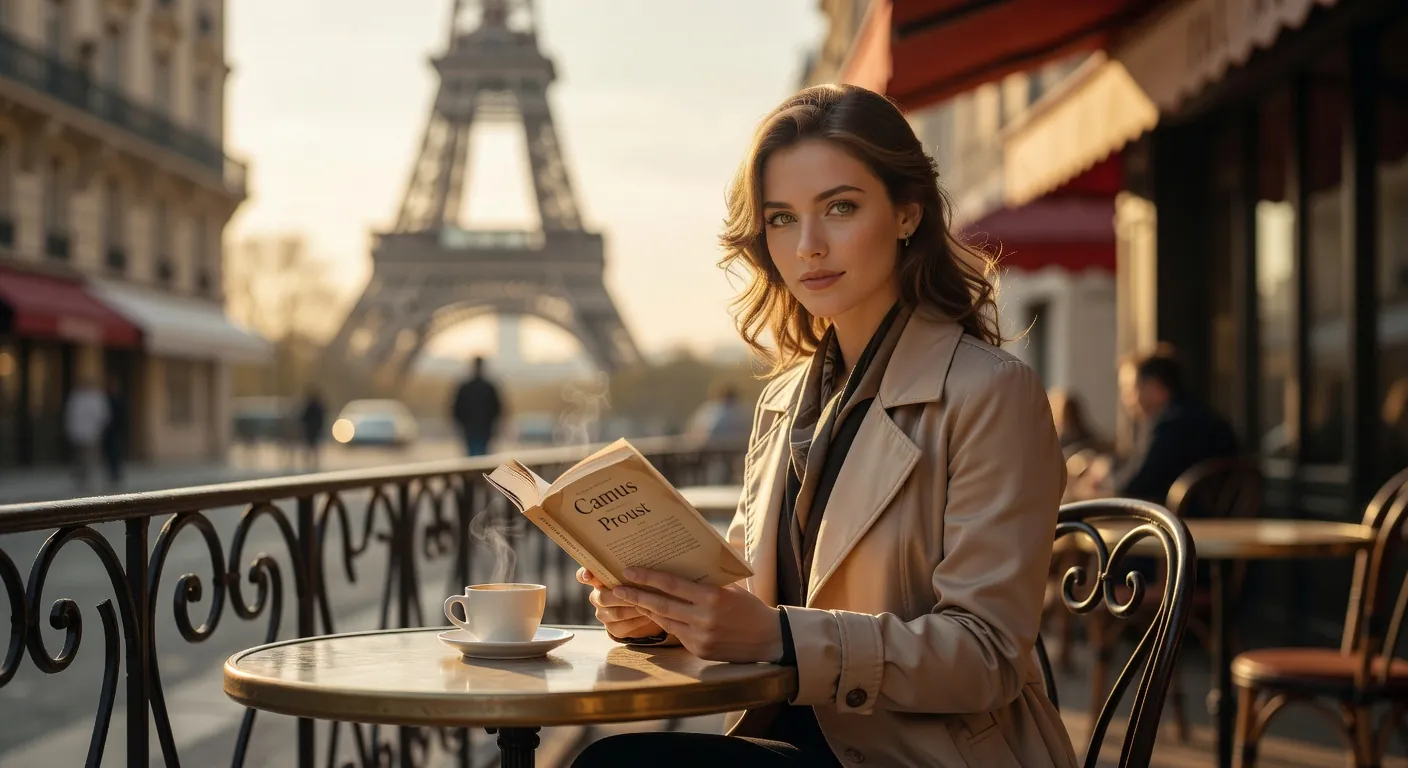 Femme russe élégante dans un café parisien, parlant français avec naturel