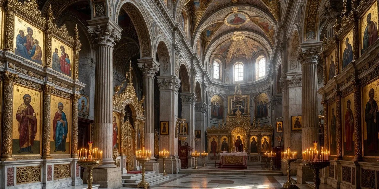 Intérieur d'une cathédrale orthodoxe russe en France avec icônes dorées et bougies