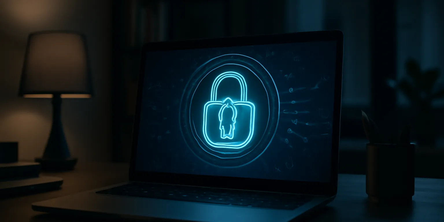 Ordinateur portable affichant une icône de confidentialité et de verrouillage des données