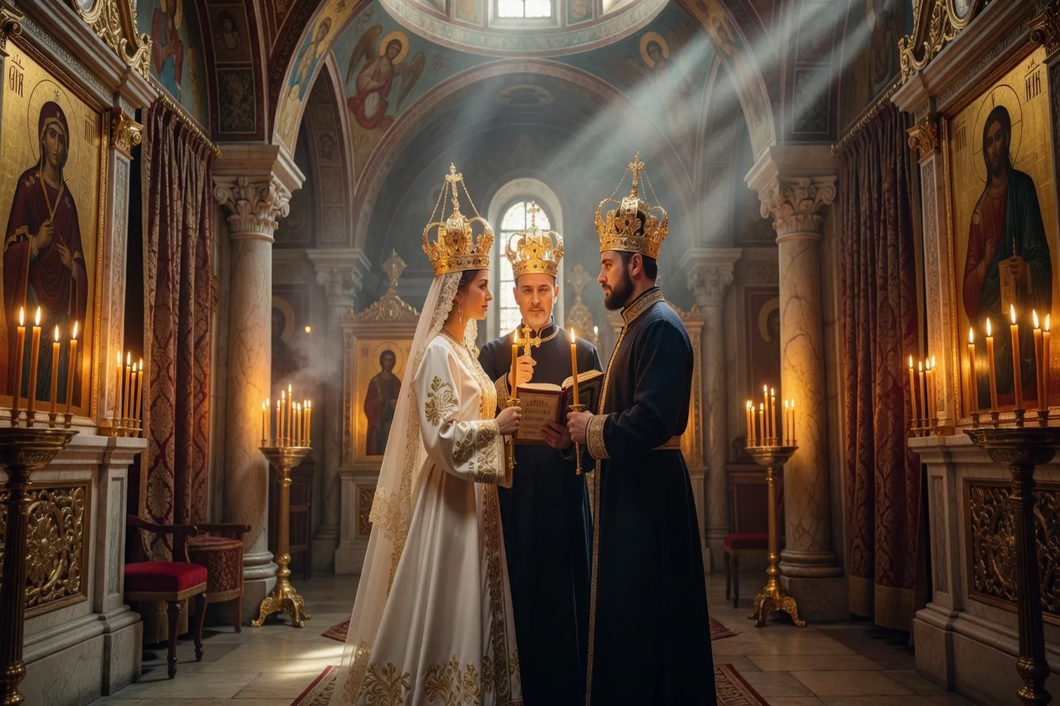 Cérémonie de mariage russe orthodoxe avec couronnes dorées, bougies et décor de cathédrale